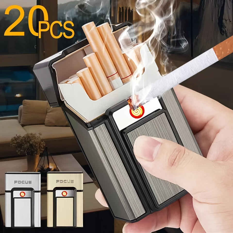 20pcs Cigarettes Capacity Cigarette Box Metal Cigarette Case with Lighter Windproof Torch Lighter Gadgets for Men Stocking Stuffers for Adults, Father's Day Gift, Birthday Day Gift, Christmas Day Gift, Cigarette Pouch