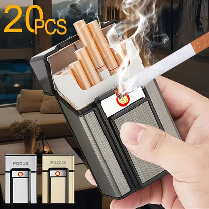 20pcs Cigarettes Capacity Cigarette Box Metal Cigarette Case with Lighter Windproof Torch Lighter Gadgets for Men Stocking Stuffers for Adults, Father's Day Gift, Birthday Day Gift, Christmas Day Gift, Cigarette Pouch