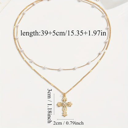 1pc Elegant Multi-Layer Golden-Tone Cross Pendant Necklace with Faux & Sparkling Crystals - Versatile Religious Jewelry for Women, Daily Wear & Holiday Accessories, Timeless Accessory, Sophisticated Design, Stylish Accessory,