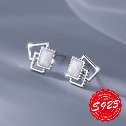Pair of Spring/Summer S925 Sterling Silvery Geometric Square Earrings for Women, Elegant and Versatile for Casual Attire, Perfect Gift Idea, Hypoallergenic