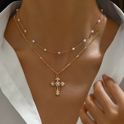 1pc Elegant Multi-Layer Golden-Tone Cross Pendant Necklace with Faux & Sparkling Crystals - Versatile Religious Jewelry for Women, Daily Wear & Holiday Accessories, Timeless Accessory, Sophisticated Design, Stylish Accessory,