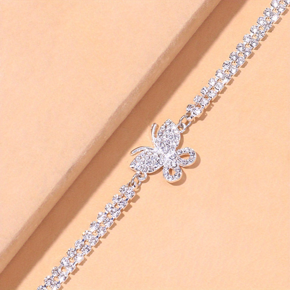 Bling Bling Butterfly Cuban Chain Anklet Inlaid Shiny Rhinestone Hip Hop Style Ankle Bracelet For Women Men