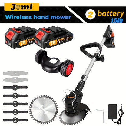 Cordless handheld electric grass trimmer with battery power and auxiliary wheels, multifunctional 3-in-1 grass trimmer pruning tool, used for garden weeding