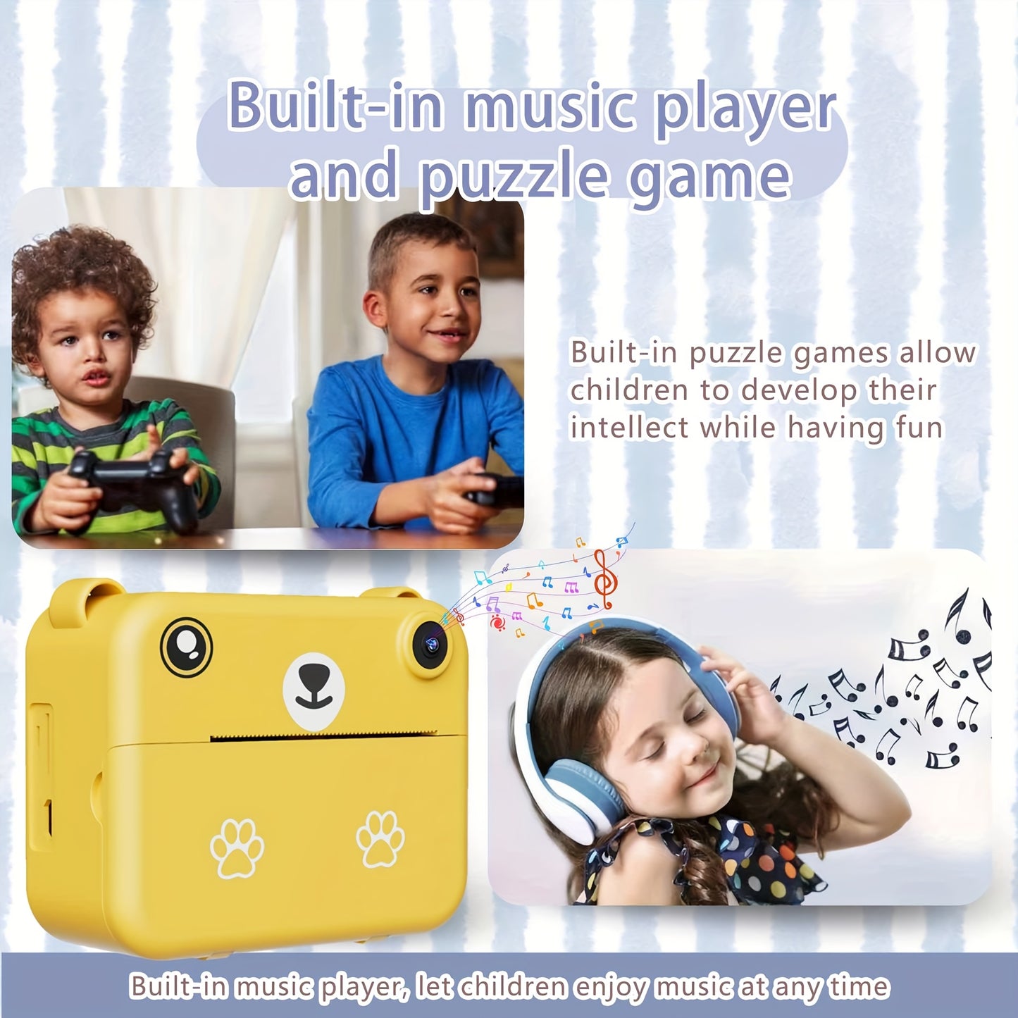 Kids Camera, Instant Print Digital Camera - 1500mAh Rechargeable Battery, Flash, Music, Games, Delayed Printing (10s/5s/3s), USB Charging