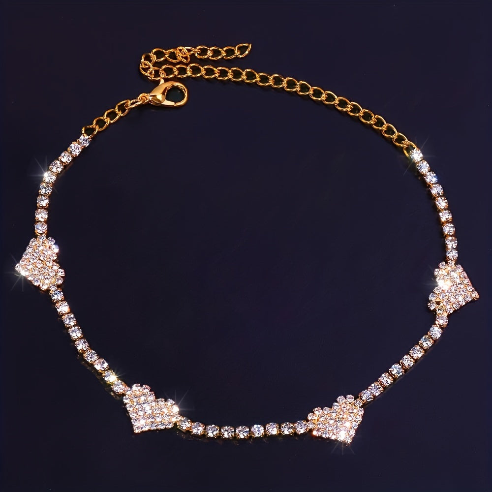 Elegant Rhinestone Heart Charm Anklet for Women, Copper with Specialty Plating, Versatile Foot Jewelry for Daily Wear - Single Pack