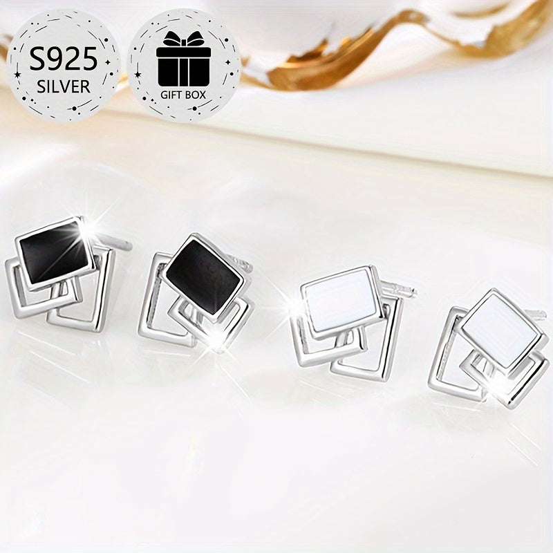 2-Pack Boho Sexy 925 Sterling Silver Square Stud Earrings with Resin Inlay, Lightweight 0.9g, Daily & Gift Occasion, All-Season Jewelry with Gift Box