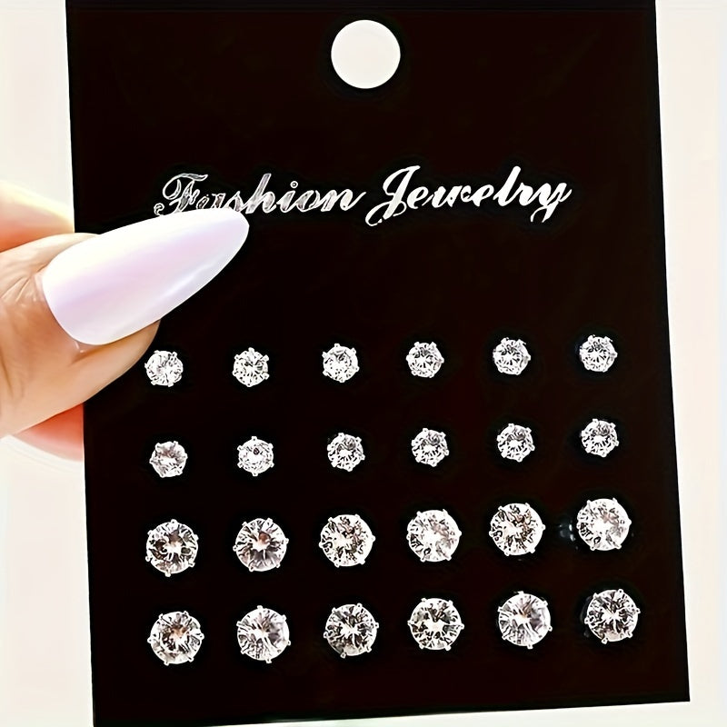 Elegant 48pcs Stud Earrings Set for Women - Sparkling Rhinestone Accents, Round & Square Shapes, Stainless Steel Posts, The rhinestone base is made of iron, Perfect for Casual Attire & Parties