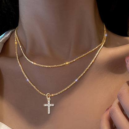 Sparkling Double-Layer Religious Faith Jesus Copper-Inlaid Synthetic Zirconia Cross Pendant Necklace for Women