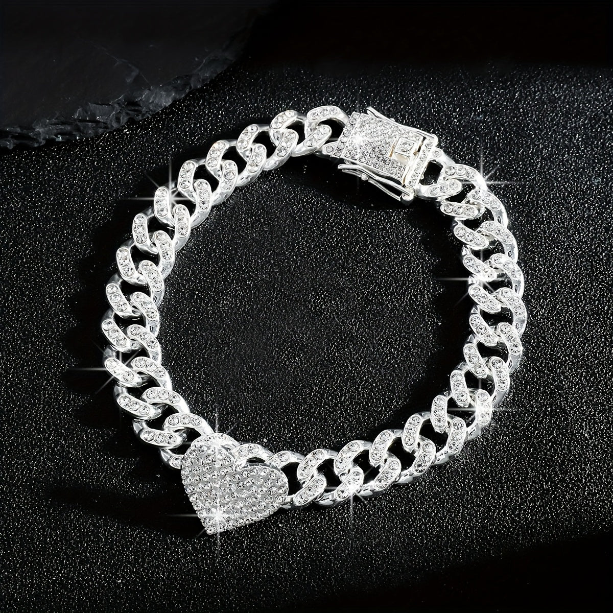 1pc Iced-Out Rhinestone Heart Anklet - Luxurious Golden Cuban Link Chain with Sparkling Stones for Women, Perfect for Casual Attire or Parties, Party Accessories | Heart Charm Anklet | Highquality Jewelry, Heart Jewelry