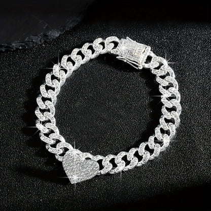 1pc Iced-Out Rhinestone Heart Anklet - Luxurious Golden Cuban Link Chain with Sparkling Stones for Women, Perfect for Casual Attire or Parties, Party Accessories | Heart Charm Anklet | Highquality Jewelry, Heart Jewelry