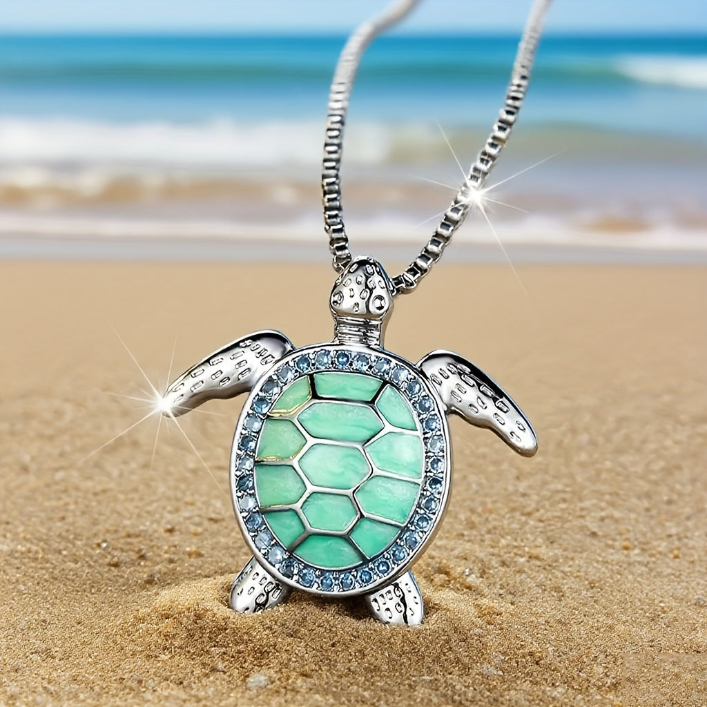 1pc ANGOL Women's Elegant Turtle Pendant Necklace - with Turquoise-like Green Gemstone-like center, Delicate Chain for Birthday, Anniversary, Everyday Jewelry Gift - Year-Round Wearable Necklace for Women, Turtle Jewelry, Spa