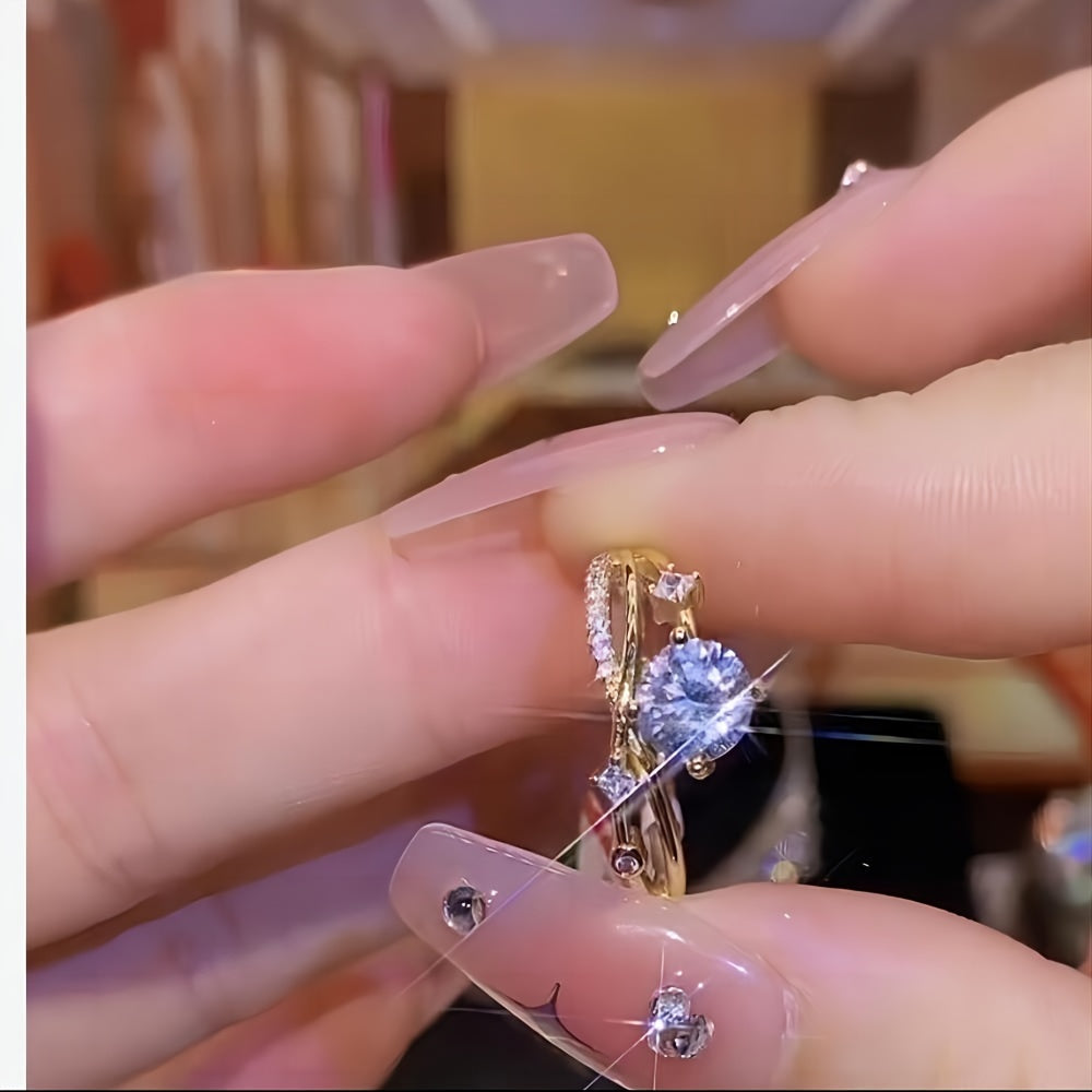 Luxurious Adjustable Starry Sky Ring for Women, Fashionable Engagement Wedding Gift, Geometric Design in Golden, White Golden, Rose Golden - Copper with Synthetic Cubic Zirconia