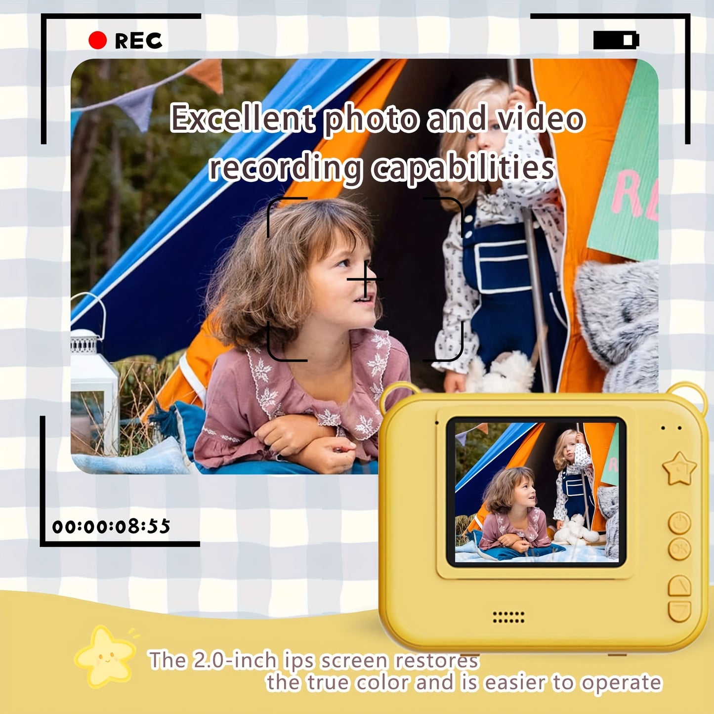 Kids Camera, Instant Print Digital Camera - 1500mAh Rechargeable Battery, Flash, Music, Games, Delayed Printing (10s/5s/3s), USB Charging