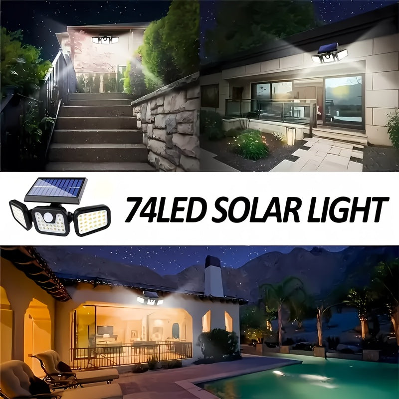 Solar-Powered Motion Sensor Light - 74 LED Outdoor Floodlight, 3 Modes,, Suitable for Front Door, Yard, Garage, Sidewalks, Pathways, Garden, and Patio | Solar Energy & Energy-Efficient Outdoor Lighting | Durable Plastic Body