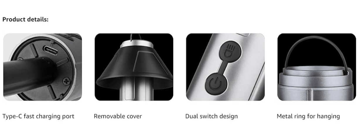 2-in-1 Retractable LED Camping Light, 3000 mAh Rechargeable Retractable Camping Light with USB Rechargeable Battery, 5 Lighting Modes, LED Flashlight, 270° Adjustable, 4 Height Adjustments, Hanging and Standing, Hidden Hook