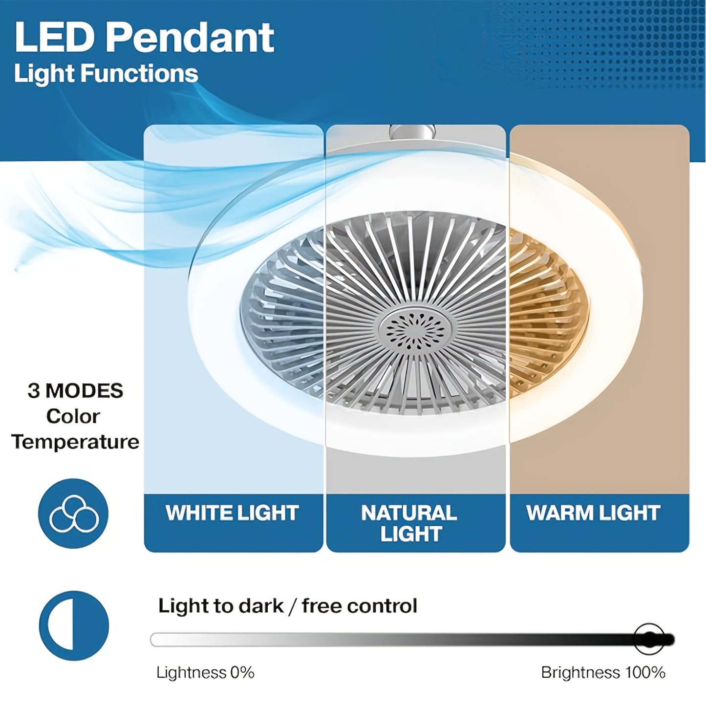 50W 25.4cm LED Smart Ceiling Fan Light with Remote Control, Color Changing and Dimming Features, 2In1 360 degrees Ceiling Fan with Light | E26/27 Socket, Dual Function Cooling and Lighting, Timing, Suitable for for Bedroom, k