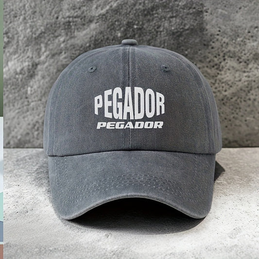 Vintage Washed Baseball Cap with PEGADOR Print - Adjustable Unisex Golf & Sun Hat for Outdoor Activities, Casual Vacation, Black/White Design, Outdoor Headwear, Durable Headgear, Breathable Fabric