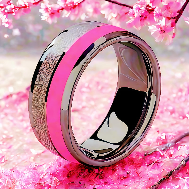 8mm Stainless Steel Ring with Pink Cherry Blossom Inlay - Double Design, Comfortable Fit for Daily Wear & Special Occasions, Perfect Gift for Birthdays, Christmas, Valentine'S Day, Festive Gift Item | Elegant Ring Design | Du