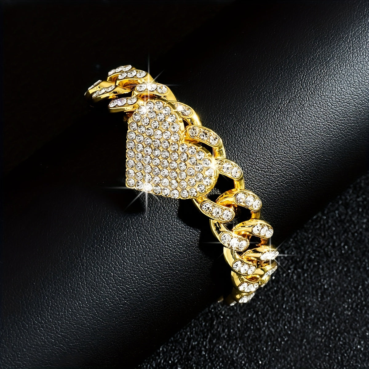 1pc Iced-Out Rhinestone Heart Anklet - Luxurious Golden Cuban Link Chain with Sparkling Stones for Women, Perfect for Casual Attire or Parties, Party Accessories | Heart Charm Anklet | Highquality Jewelry, Heart Jewelry