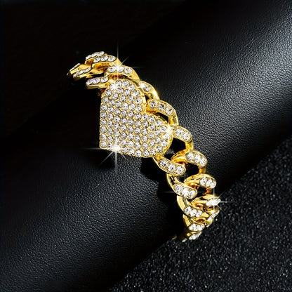 1pc Iced-Out Rhinestone Heart Anklet - Luxurious Golden Cuban Link Chain with Sparkling Stones for Women, Perfect for Casual Attire or Parties, Party Accessories | Heart Charm Anklet | Highquality Jewelry, Heart Jewelry