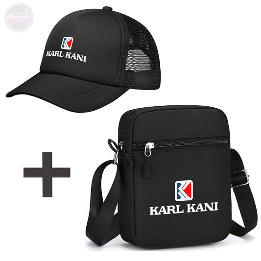 Trendy Karl Kani Logo Sling Bag & Baseball Cap Set - Stylish Crossbody Shoulder Bag with Snapback Hat for Men & Women - Urban Streetwear Fashion Accessories - Perfect Combo for Casual Outfits and Travel Essentials - Karl Kani