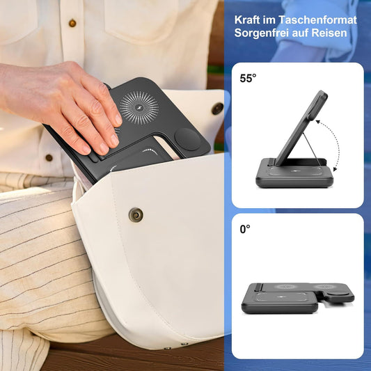 wireless charger, 3 in 1 Charging Station, With Adapter，15W Qi ladestation Fast Foldable Magnetic Stand Dock Replacement for iPhone 16 15 14 13 12 11 Pro Max XS XR X, iWatch 10 9 8 7 6 5 4 3 SE, AirPods 4 3 Pro (With Adapte