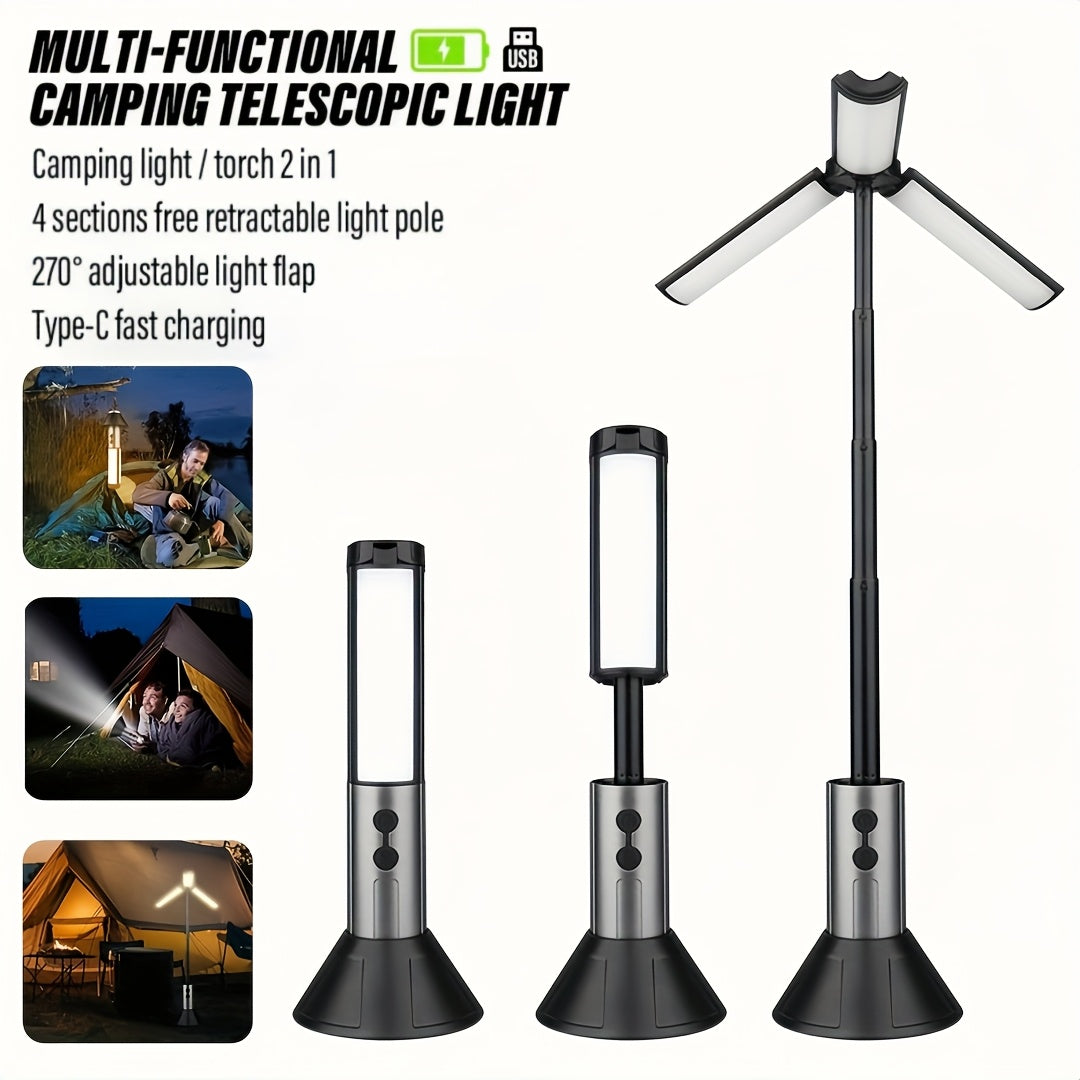 2-in-1 LED Camping Light with High Brightness Flashlight - 4 Extendable Rods, 270° Adjustable Beam, Hook Design, Removable Shade Cover, Dual Use for Switch Mode, USB Rechargeable Camping Light Holder Base, Ideal for Outdoor
