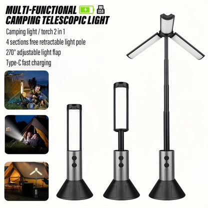 2-in-1 LED Camping Light with High Brightness Flashlight - 4 Extendable Rods, 270° Adjustable Beam, Hook Design, Removable Shade Cover, Dual Use for Switch Mode, USB Rechargeable Camping Light Holder Base, Ideal for Outdoor