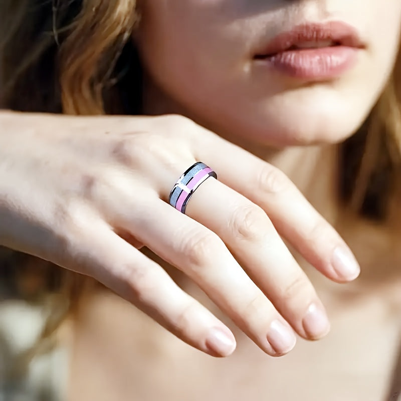 8mm Stainless Steel Ring with Pink Cherry Blossom Inlay - Double Design, Comfortable Fit for Daily Wear & Special Occasions, Perfect Gift for Birthdays, Christmas, Valentine'S Day, Festive Gift Item | Elegant Ring Design | Du