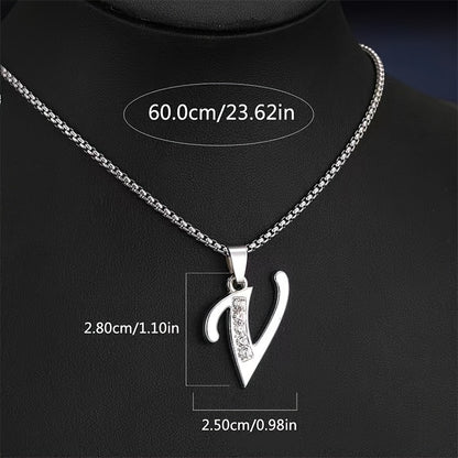 Stainless Steel Hip Hop Initial Necklace, Glass Embedded Alphabet Pendant, Daily Occasion Jewelry, Ideal Graduation Gift, All-Season Accessory, Perfect for Halloween, Daily Wear Jewelry|Hip Hop Style|Glass Embedded Lette