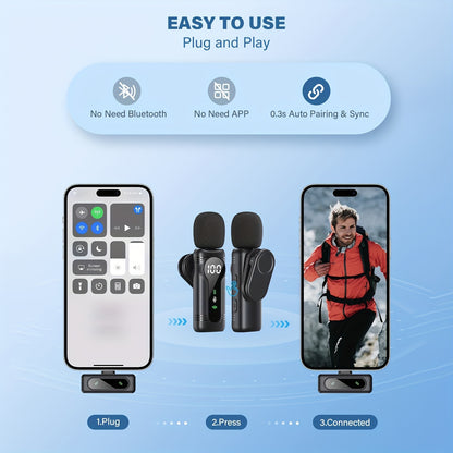 Professional Wireless Lavalier Microphone, Plug-and-Play Clip-On Mic with Auto Pairing Feature, Battery Indicator, Portable Magnetic Mount, Noise Reduction Suitable for iPhone 15/16, Android, USB-C Devices, Live Streaming, Po