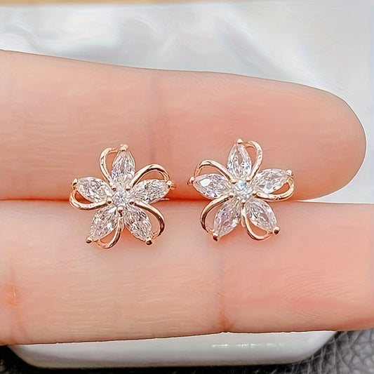 Elegant Rose Golden Cubic Zirconia Flower Stud Earrings - Vintage-Inspired, Stainless Steel Posts, Ideal for Daily Wear or as a Gift for Women and Sisters, Quirky Earrings