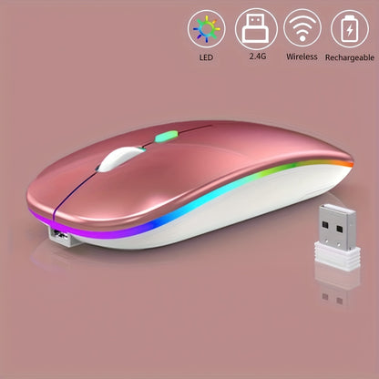 Rechargeable Wireless Mouse, LED Light Up Wireless Mouse, Portable Ergonomic Computer Wireless Mouse with 2.4G/5.0 Dual Mode Switching, Silent Button