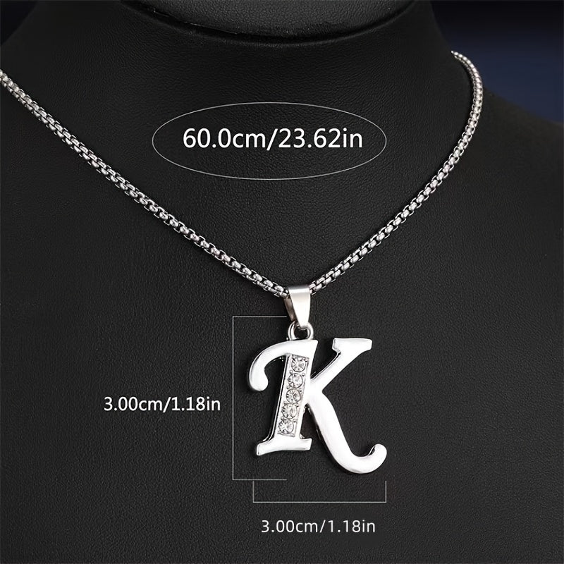 Stainless Steel Hip Hop Initial Necklace, Glass Embedded Alphabet Pendant, Daily Occasion Jewelry, Ideal Graduation Gift, All-Season Accessory, Perfect for Halloween, Daily Wear Jewelry|Hip Hop Style|Glass Embedded Lette