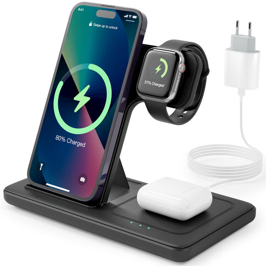 wireless charger, 3 in 1 Charging Station, With Adapter，15W Qi ladestation Fast Foldable Magnetic Stand Dock Replacement for iPhone 16 15 14 13 12 11 Pro Max XS XR X, iWatch 10 9 8 7 6 5 4 3 SE, AirPods 4 3 Pro (With Adapte