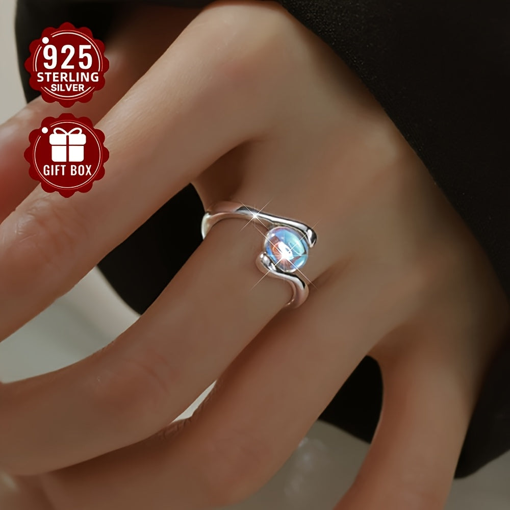 1pc Women's Wedding Ring, S925 Sterling Silvery Minimalist Oval Moonstone Geometric Spiral Open Adjustable Index Finger Ring for Daily Wear, Parties & Gifts – Perfect Surprise for Friends Loved Ones