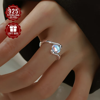 1pc Women's Wedding Ring, S925 Sterling Silvery Minimalist Oval Moonstone Geometric Spiral Open Adjustable Index Finger Ring for Daily Wear, Parties & Gifts – Perfect Surprise for Friends Loved Ones