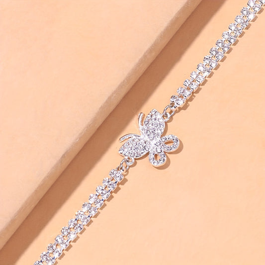 Bling Bling Butterfly Cuban Chain Anklet Inlaid Shiny Rhinestone Hip Hop Style Ankle Bracelet For Women Men