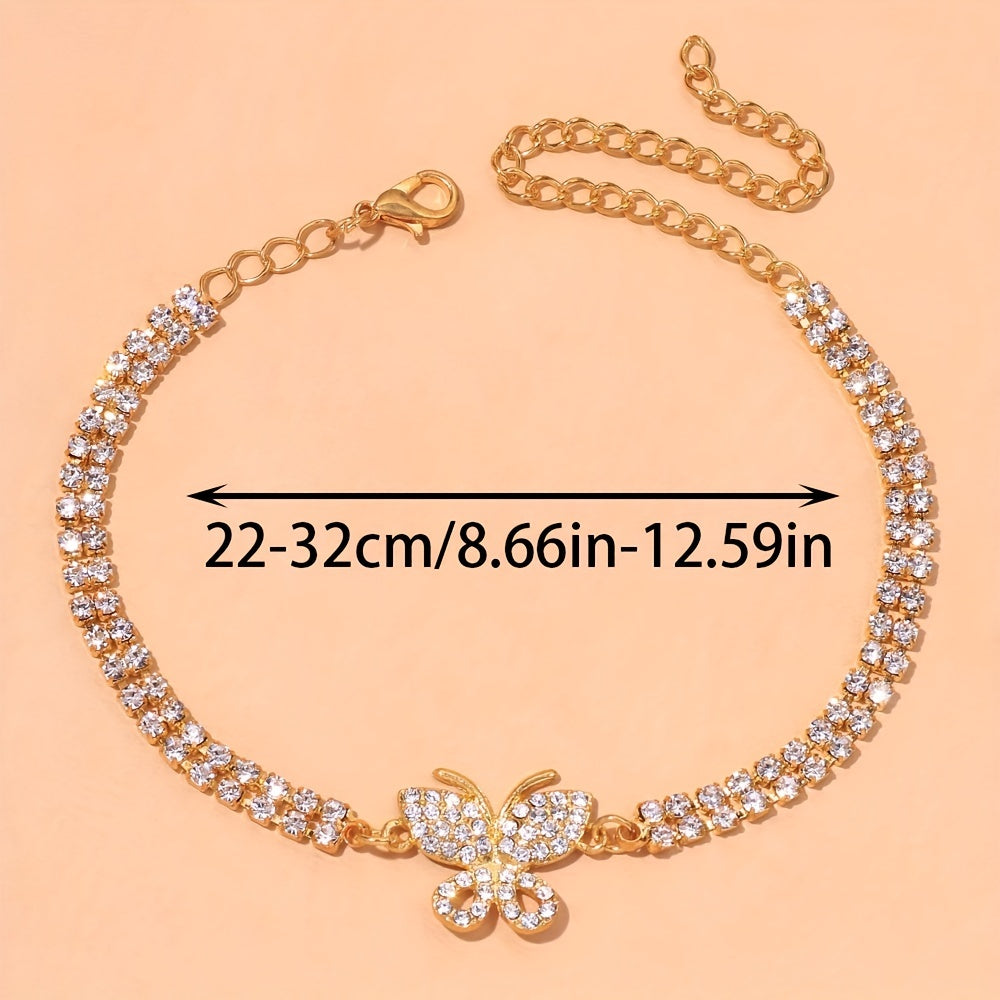 Bling Bling Butterfly Cuban Chain Anklet Inlaid Shiny Rhinestone Hip Hop Style Ankle Bracelet For Women Men
