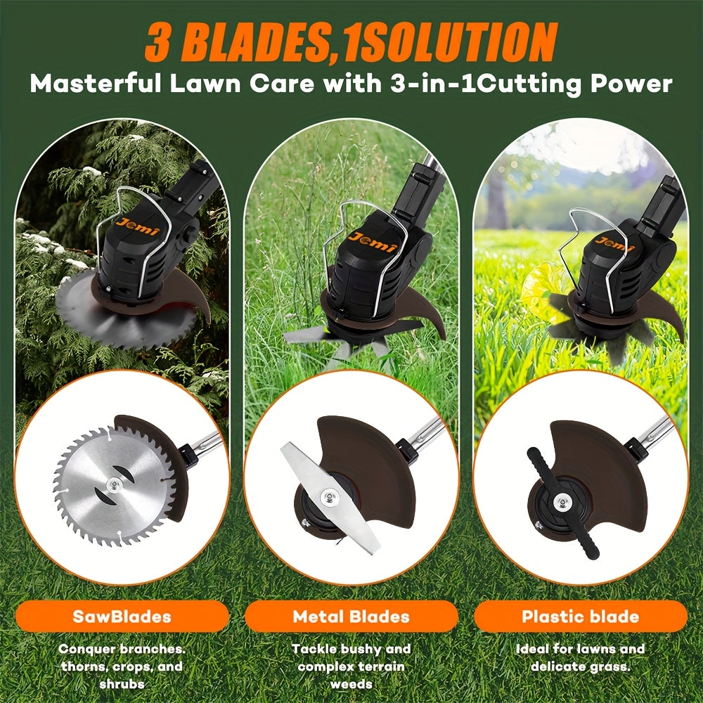 Cordless handheld electric grass trimmer with battery power and auxiliary wheels, multifunctional 3-in-1 grass trimmer pruning tool, used for garden weeding