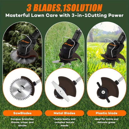 Cordless handheld electric grass trimmer with battery power and auxiliary wheels, multifunctional 3-in-1 grass trimmer pruning tool, used for garden weeding