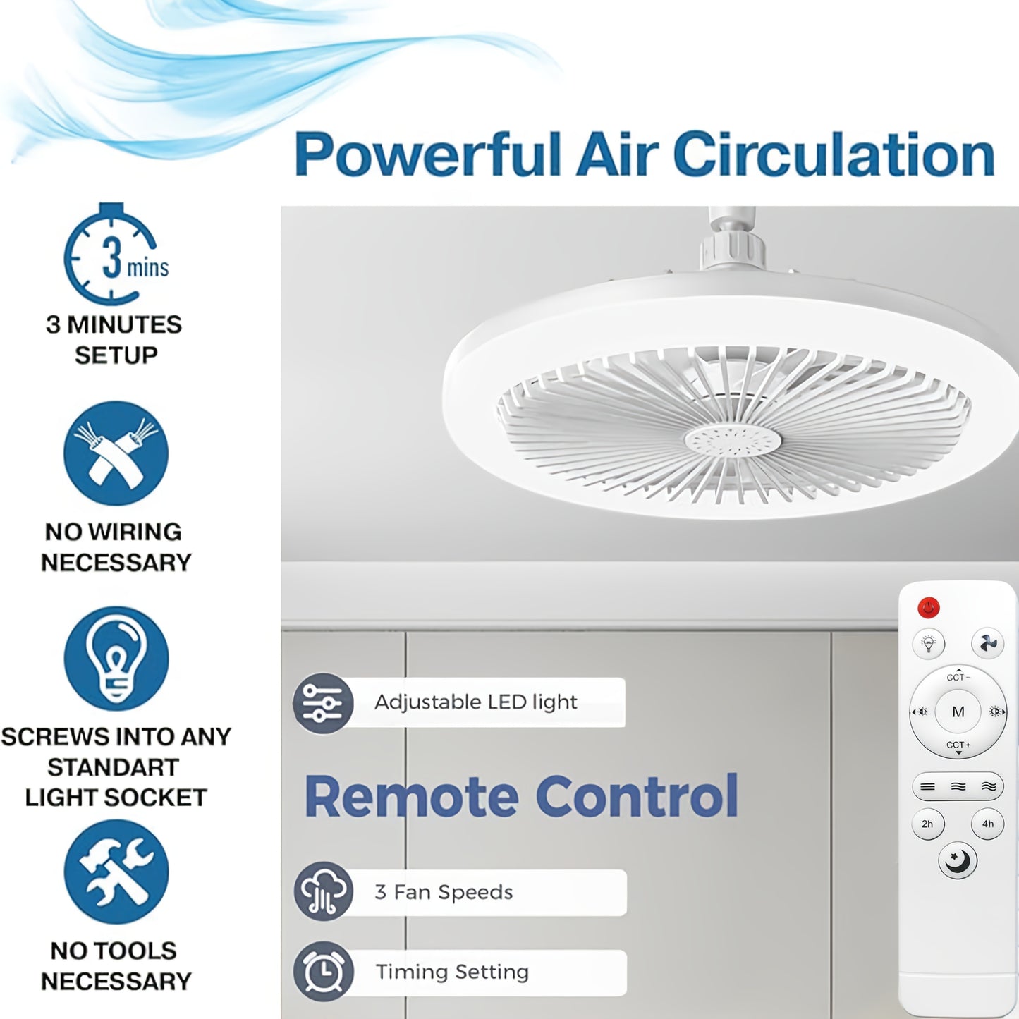 50W 25.4cm LED Smart Ceiling Fan Light with Remote Control, Color Changing and Dimming Features, 2In1 360 degrees Ceiling Fan with Light | E26/27 Socket, Dual Function Cooling and Lighting, Timing, Suitable for for Bedroom, k