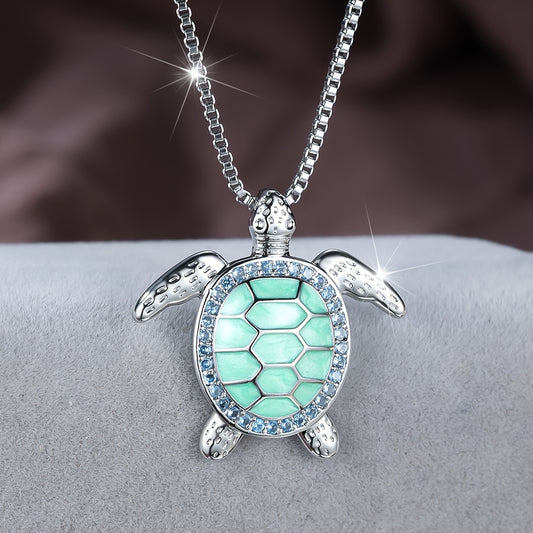1pc ANGOL Women's Elegant Turtle Pendant Necklace - with Turquoise-like Green Gemstone-like center, Delicate Chain for Birthday, Anniversary, Everyday Jewelry Gift - Year-Round Wearable Necklace for Women, Turtle Jewelry, Spa