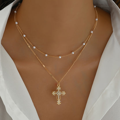 1pc Elegant Multi-Layer Golden-Tone Cross Pendant Necklace with Faux & Sparkling Crystals - Versatile Religious Jewelry for Women, Daily Wear & Holiday Accessories, Timeless Accessory, Sophisticated Design, Stylish Accessory,