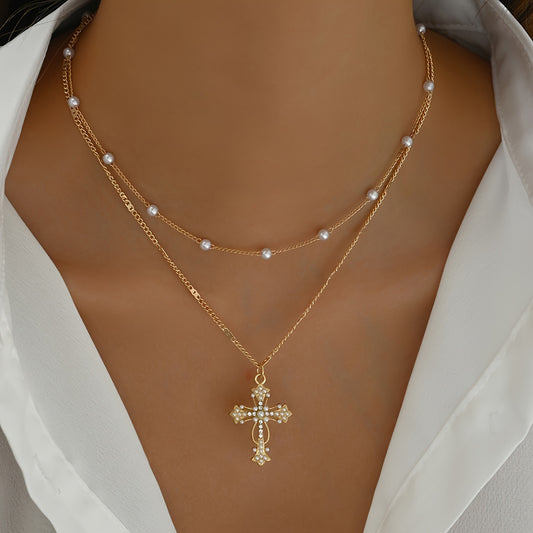 1pc Elegant Multi-Layer Golden-Tone Cross Pendant Necklace with Faux & Sparkling Crystals - Versatile Religious Jewelry for Women, Daily Wear & Holiday Accessories, Timeless Accessory, Sophisticated Design, Stylish Accessory,