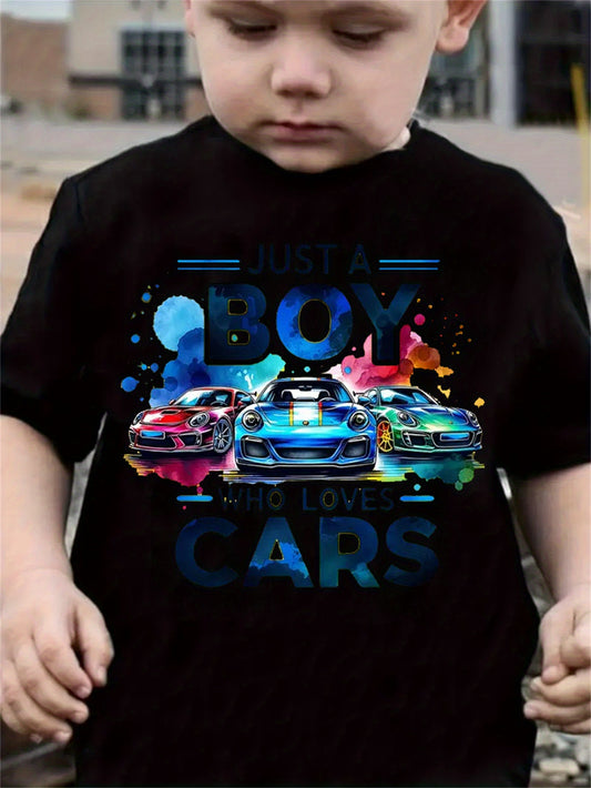 ' Racing Car T-Shirt with "Just a Who Loves Cars" Slogan & Number 1 Race Car Design - Black with Multicolor Splash - & Casual Summer Outfit, Birthday Party Gift for Car Enthusiasts