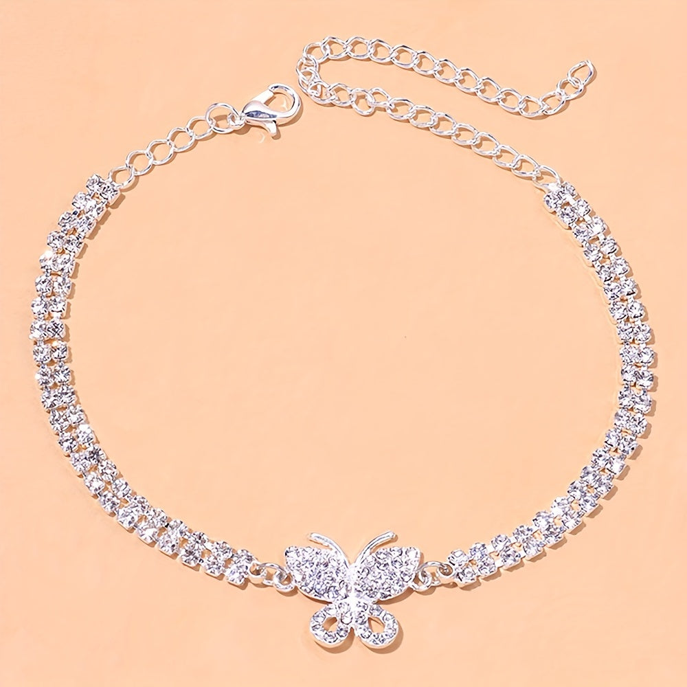 Bling Bling Butterfly Cuban Chain Anklet Inlaid Shiny Rhinestone Hip Hop Style Ankle Bracelet For Women Men