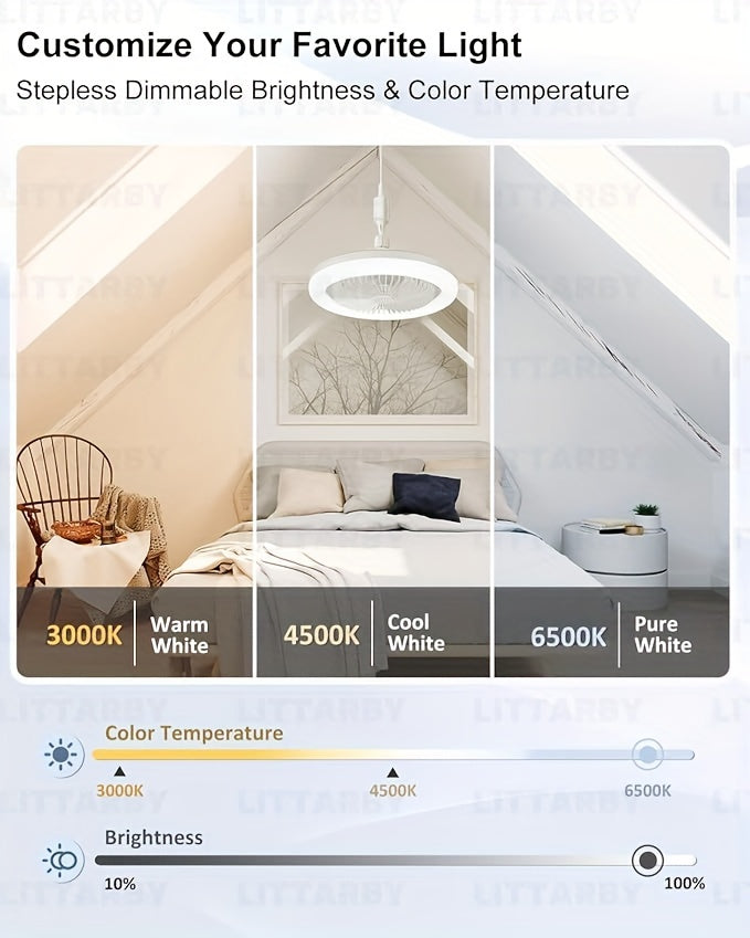 50W 25.4cm LED Smart Ceiling Fan Light with Remote Control, Color Changing and Dimming Features, 2In1 360 degrees Ceiling Fan with Light | E26/27 Socket, Dual Function Cooling and Lighting, Timing, Suitable for for Bedroom, k