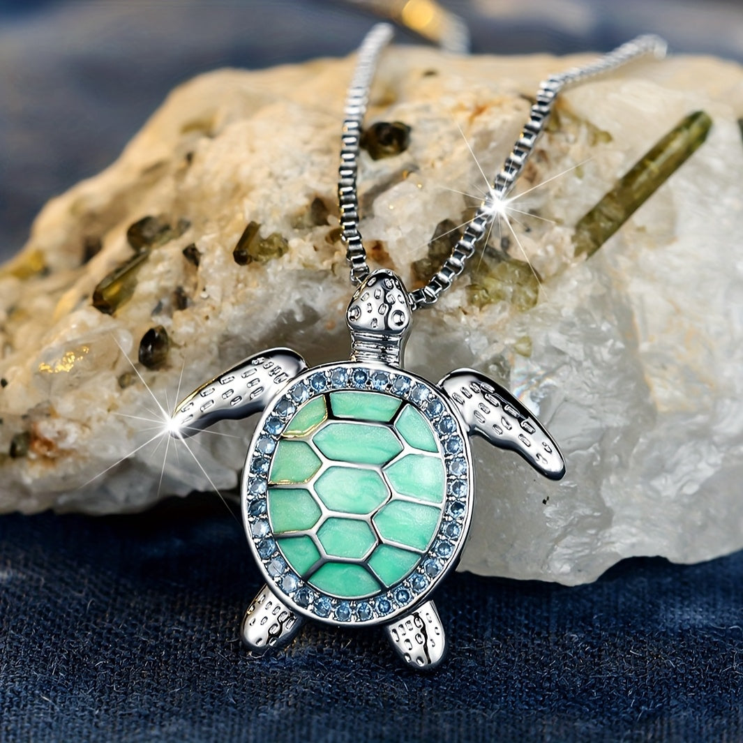 1pc ANGOL Women's Elegant Turtle Pendant Necklace - with Turquoise-like Green Gemstone-like center, Delicate Chain for Birthday, Anniversary, Everyday Jewelry Gift - Year-Round Wearable Necklace for Women, Turtle Jewelry, Spa