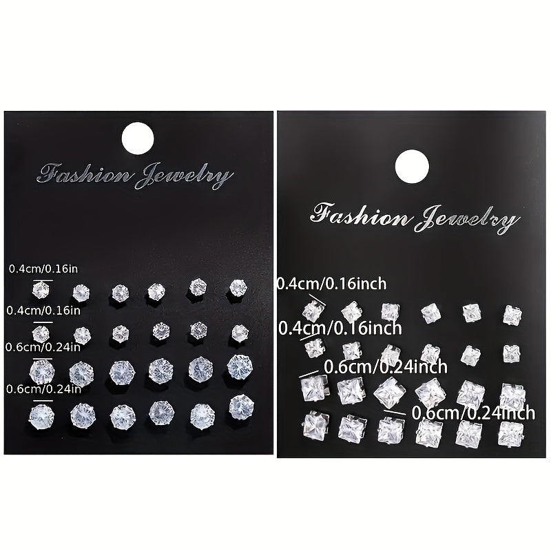 Elegant 48pcs Stud Earrings Set for Women - Sparkling Rhinestone Accents, Round & Square Shapes, Stainless Steel Posts, The rhinestone base is made of iron, Perfect for Casual Attire & Parties